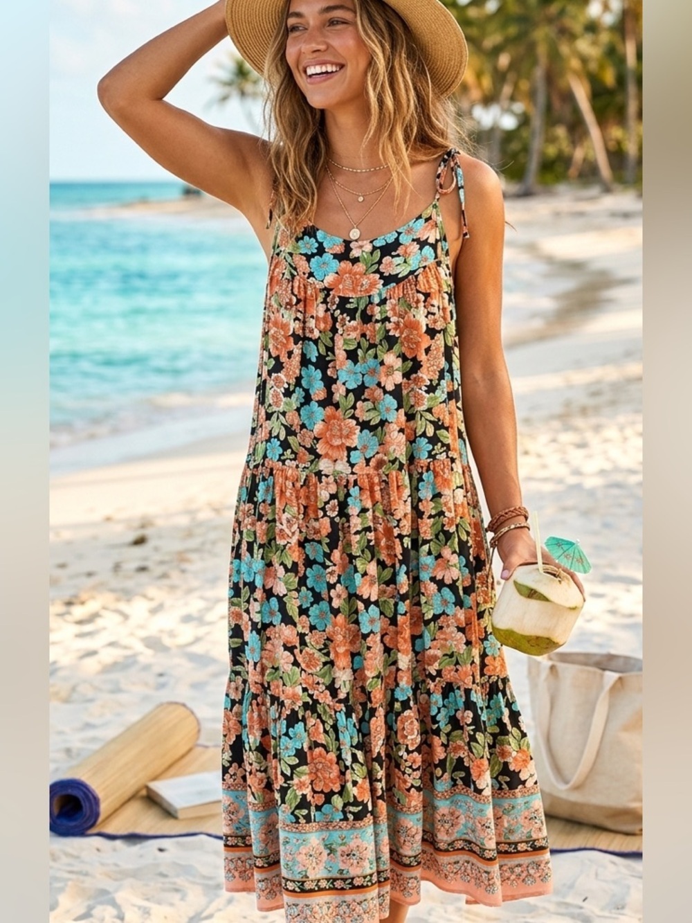 Nuage Bleu Maui size S floral hibiscus Hawaiian tiered cottage maxi dress Y2K